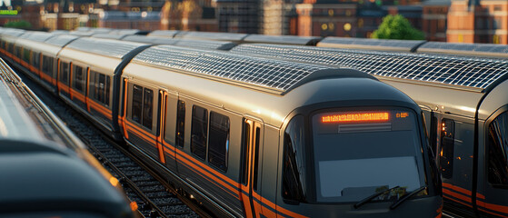 Fototapeta premium modern train with solar panels in futuristic city setting