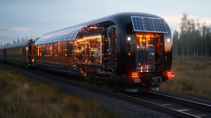Obraz premium solar powered train with futuristic design, showcasing intricate technology and glowing elements