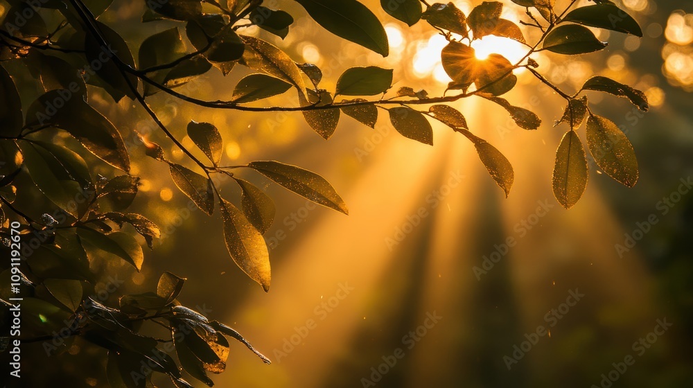 Poster sunlight filtering through leaves, creating a serene and peaceful atmosphere in nature.