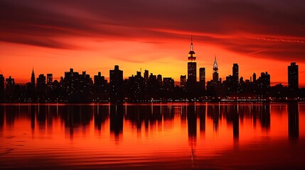 Obraz premium A stunning sunset over a city skyline, with reflections on the water creating a serene atmosphere.