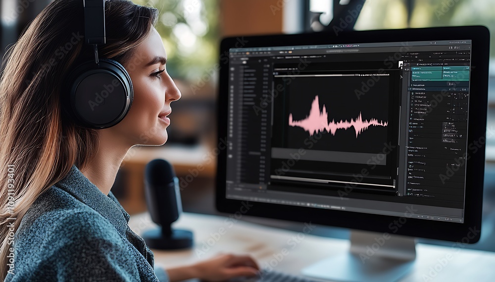 Poster Audio engineer fine-tuning sound waves in professional studio setup : Generative AI