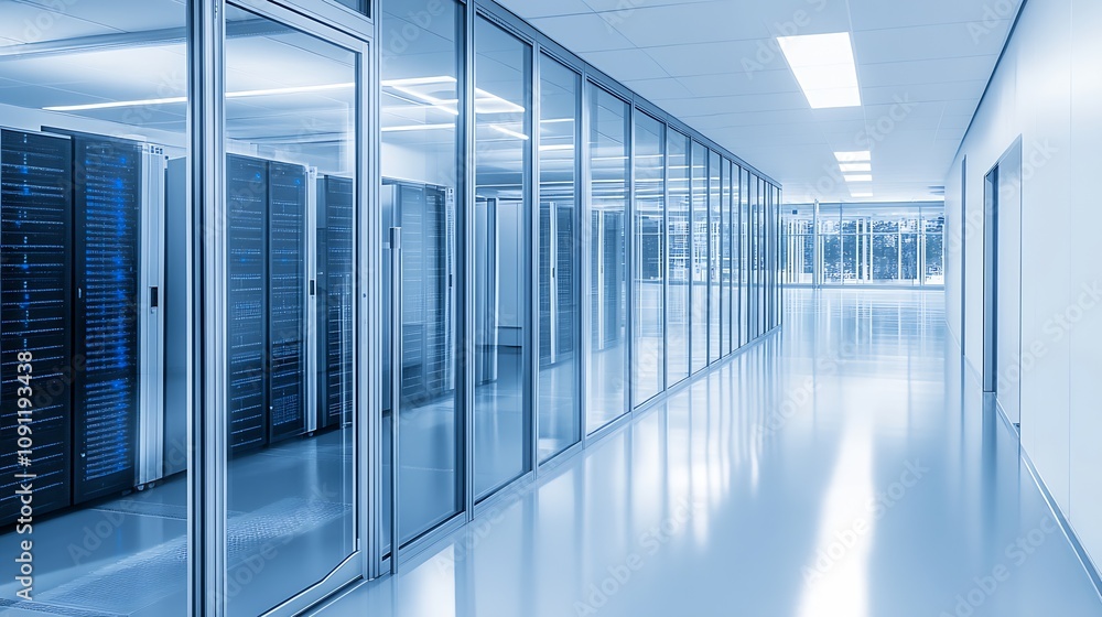 Aufkleber Bright Server Room with Glass Doors and Contemporary Networking Equipment for Efficient Data Processing : Generative AI