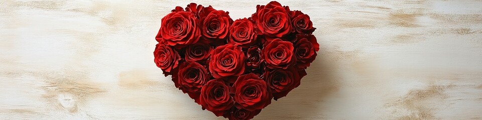 Obraz premium Heart-shaped red roses on wooden backdrop, symbol of love