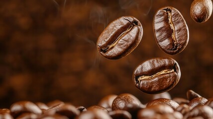 Fototapeta premium coffee beans grind packaging concept. Coffee beans in midair during the grinding process, coffee grind, action in focus