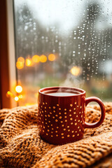 Obraz premium Warm Tea and Blanket Next to Rainy Window