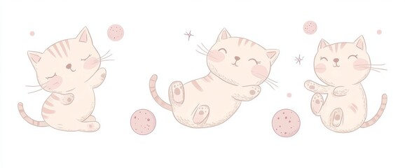 Obraz premium Modern doodle collection of cats with flat color in different poses. Set of purebred pet animals isolated on white.