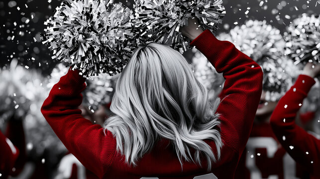 Cheerleaders celebrate with pom-poms during an exciting sports event in a packed stadium on a snowy day