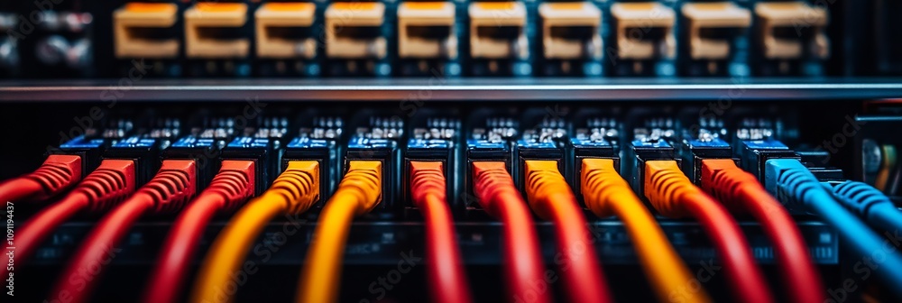 Fototapete detailed image of colored ethernet cables plugged into data switch : generative ai