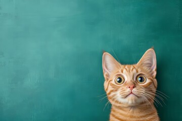 The cute surprised cat has big eyes on a green background in this funny cartoon