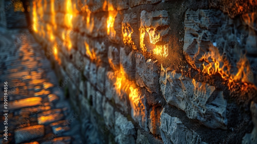 Poster sunlight illuminating a textured stone wall with a wet path.