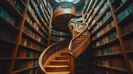 Library with a spiral staircase and towering bookshelves