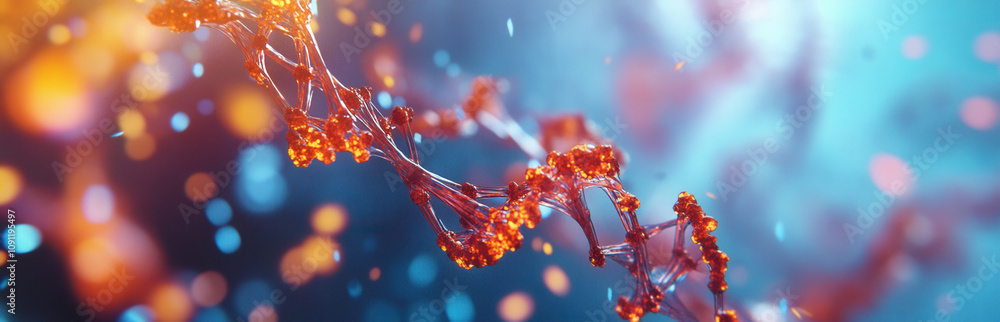 Poster 3d render of an abstract dna structure with red and orange strands floating in the air against a blu