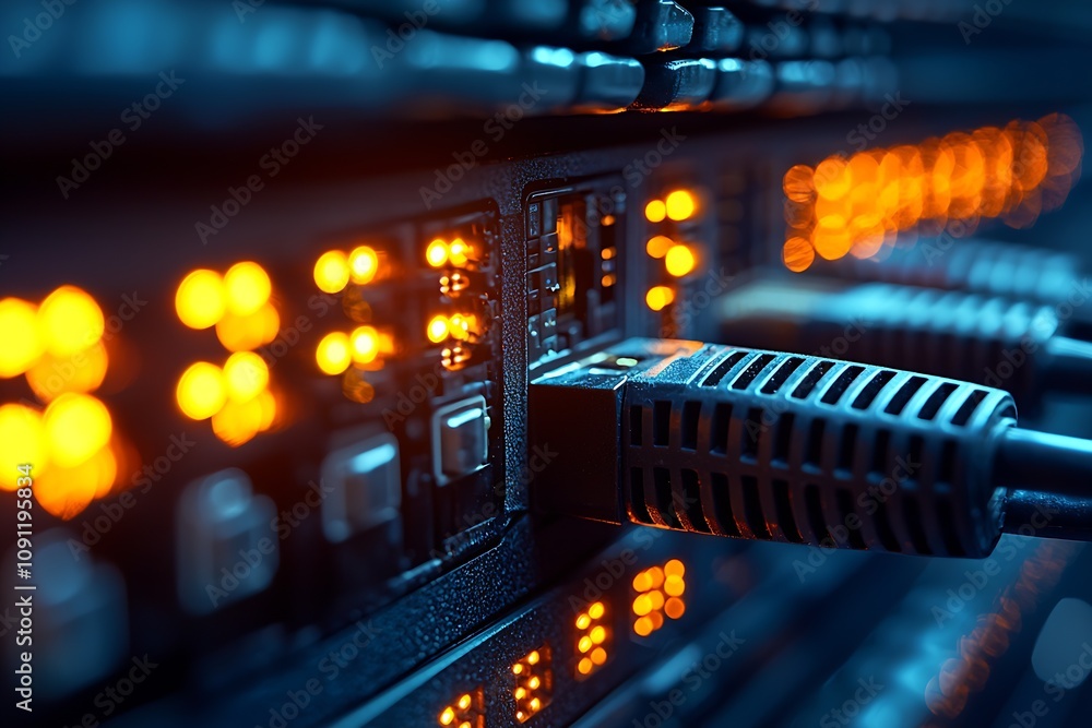 Poster Ethernet Cable Connections in Data Center Server with Glowing Lights for Network Technology : Generative AI