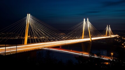 Obraz premium Illuminated Suspension Bridge at Night with Light Trails