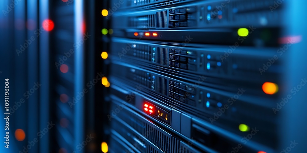 Poster Data Center Server Racks Close-Up with Multicolored Lights Indicating Activity : Generative AI