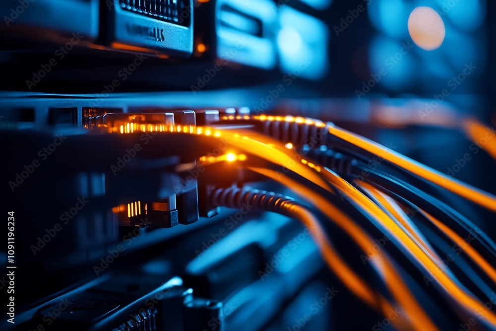 Poster Vibrantly colored network cables connecting to servers in modern data center : Generative AI