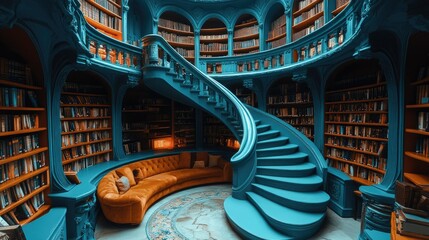 Library with a spiral staircase and towering bookshelves