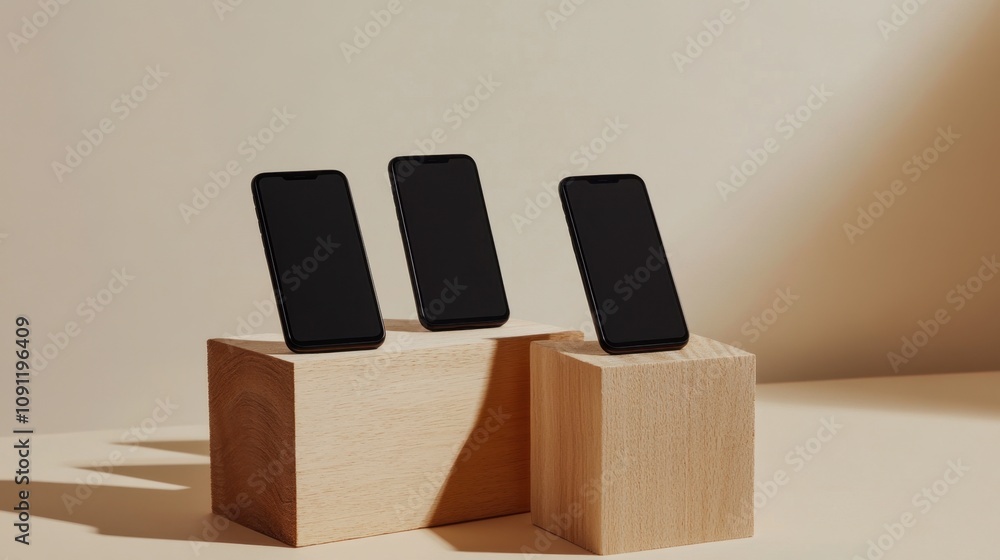 Poster minimalistic display of modern smartphones on wooden blocks with soft lighting creating a contempora