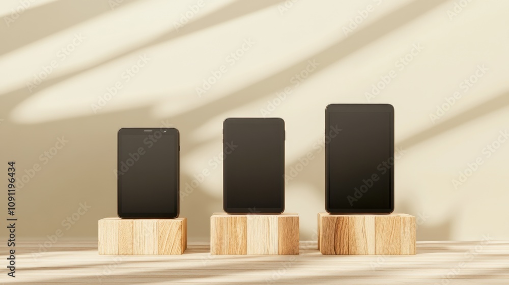 Poster three minimalist smartphone designs displayed on elegant wooden stands with soft shadow play in mode