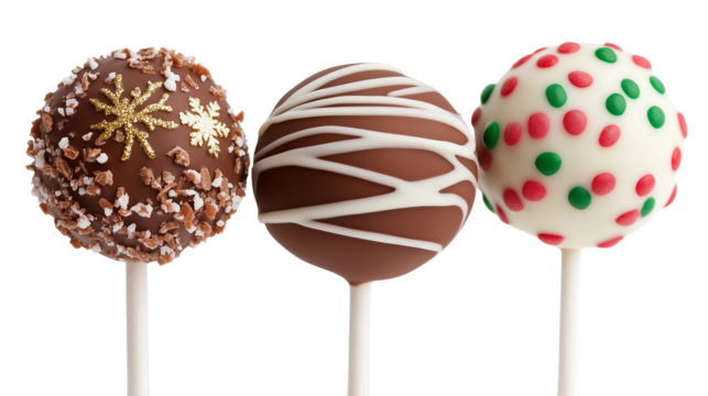 Christmas Chocolate Cake Pops with Sprinkles on Sticks, Isolated on No, Transparent Background, Holiday Candy Shop, Xmas Treats, Lollipop.