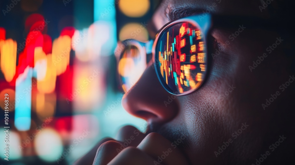 Poster close-up view of a person wearing glasses reflecting vibrant stock market graphs their expression is