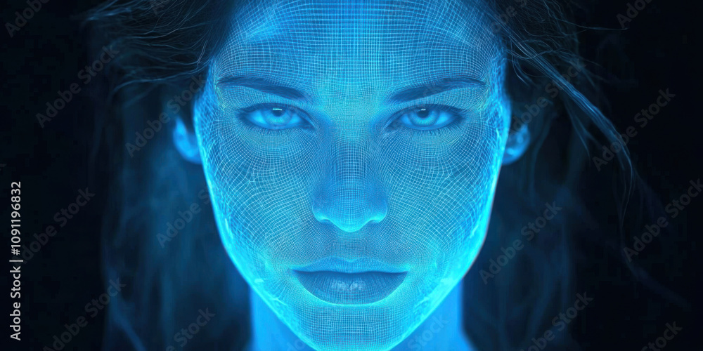 Poster facial and recognition concept. futuristic portrait with biometric patterns and glowing blue feature