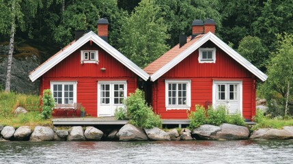 Charming Red Wooden Houses by the Water Surrounded by Lush Greenery in a Picturesque Natural Landscape