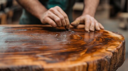 Obraz premium Woodworking action by craftsman in workshop crafting wood table surface indoor setting artisan skills for quality furniture