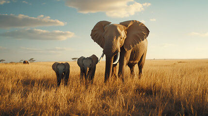Obraz premium Elephant family walking across golden grassland under blue sky