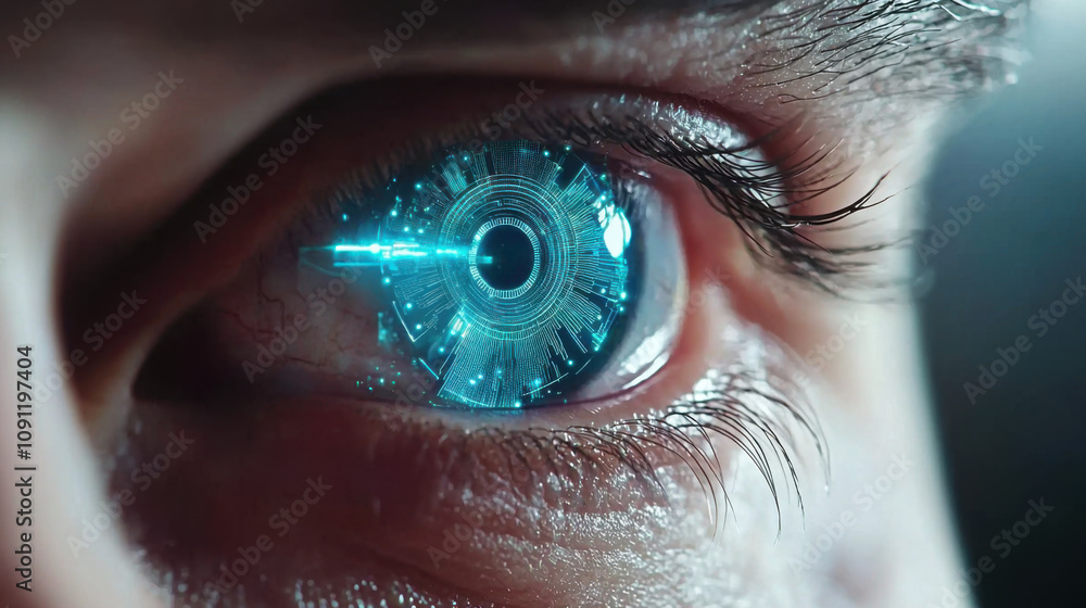 Poster facial and recognition concept. futuristic biometric eye with digital interface and glowing elements