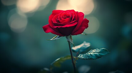 Enchanting Red Rose Bloom Bathed in Gentle Light with a Dreamlike Garden Background : Generative AI