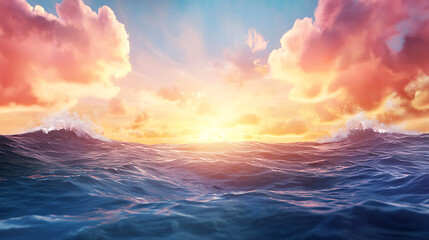 Obraz premium stunning ocean wave at sunset, with vibrant colors and dramatic clouds creating serene atmosphere. scene captures beauty of nature elements