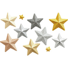Obraz premium A collection of multi-colored, metallic stars in various sizes, arranged artfully on a white background, ideal for decoration and festive themes.