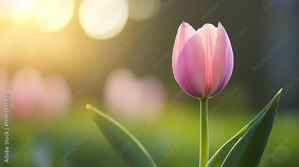 Aufkleber serene pink tulip at sunrise in a tranquil garden setting with golden bokeh background : generative 