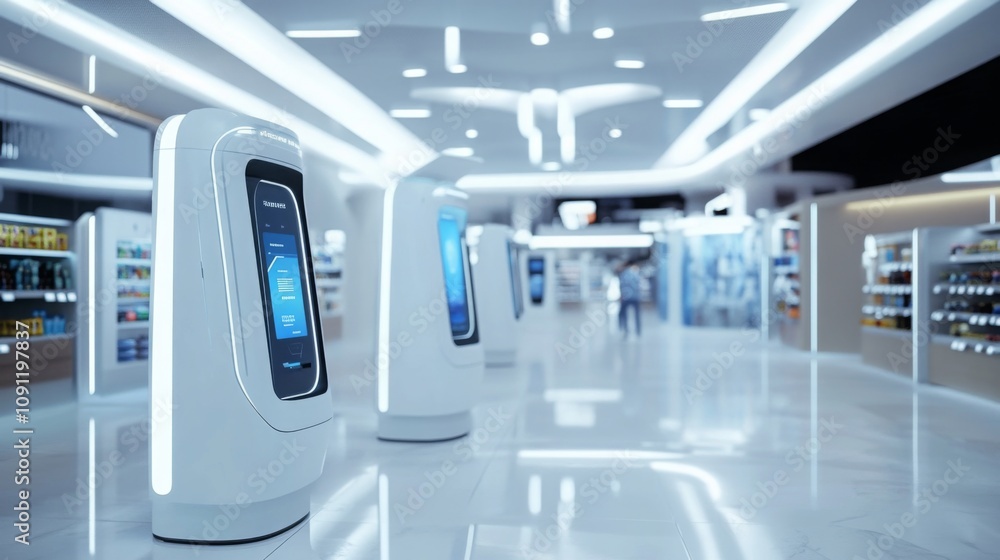 Poster sleek white kiosks with interactive displays are positioned in a contemporary retail space. the stor
