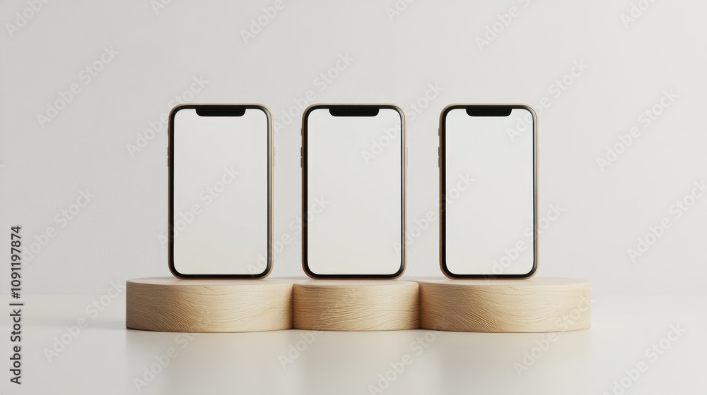 Poster minimalist display of three smartphone models on wooden pedestals in a bright studio setting with bl
