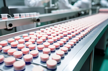 Obraz premium antibiotic tablet production line, pharmaceutical manufacturing 