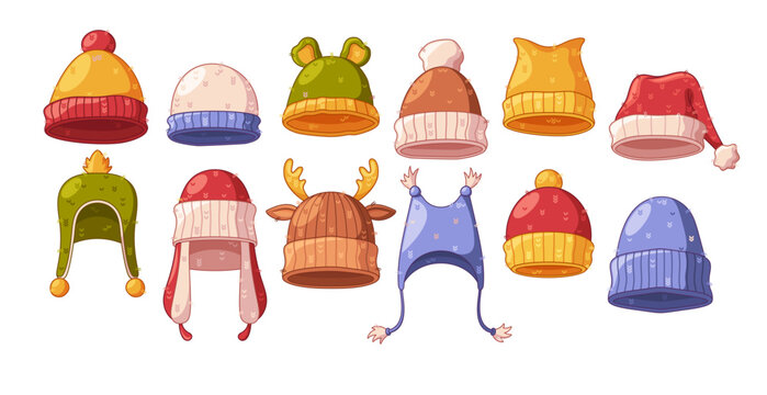 Cute fluffy woolen winter hats for cold frosty weather fashionable children garment isolated set