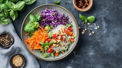 Fresh and Vibrant Vegetable Salad with Rice Noodles and Peanuts Served in a Decorative Bowl with a Side Dipping Sauce and Herbs on a Dark Rustic Background