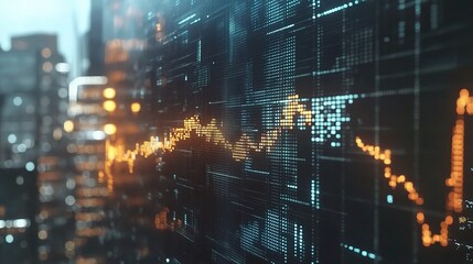 Fototapeta premium Virtual Financial Models Showcasing Market Data Visualization with Futuristic Digital Cityscape Background and Dynamic Charts for Economic Analysis and Insights