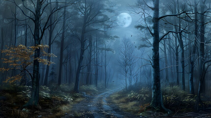 Obraz premium A haunting forest scene with a moonlit path shrouded in mist, evoking a hint of Halloween magic