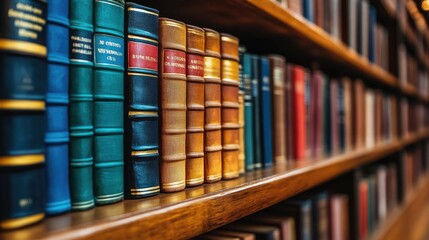 Library with colorful book spines arranged neatly on polished wooden shelves