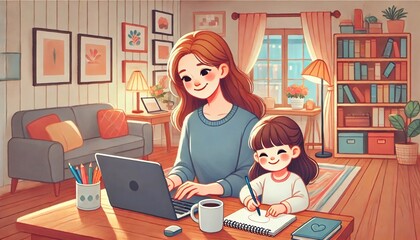 A smiling mother and her young daughter work together at a cozy home desk, symbolizing work-life balance and family bonding 