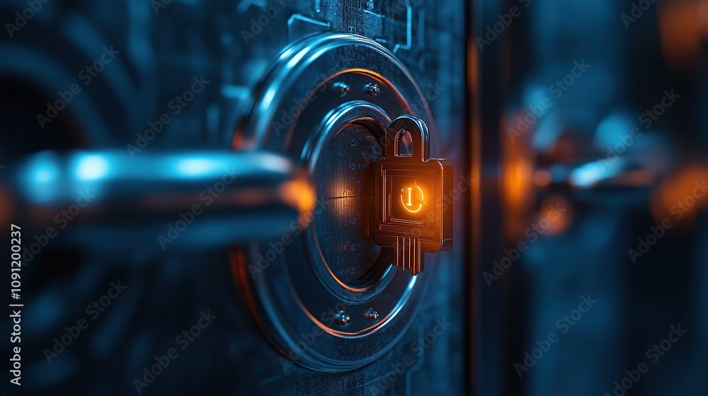 Poster a close-up of a secure lock mechanism glowing with a digital interface.