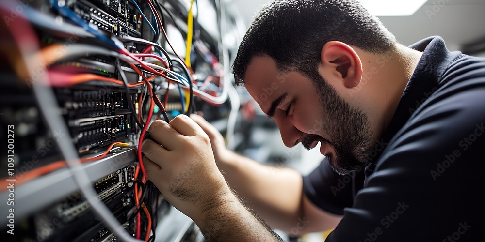 Poster professional technician managing cables in a data center server room for optimal network efficiency 
