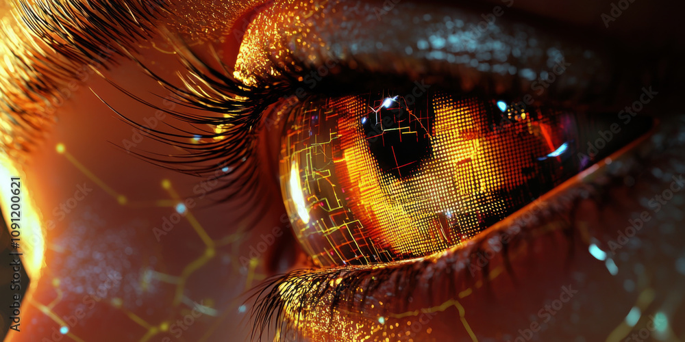 Poster facial and recognition concept. close up of eye with digital visuals and glowing patterns, showcasin