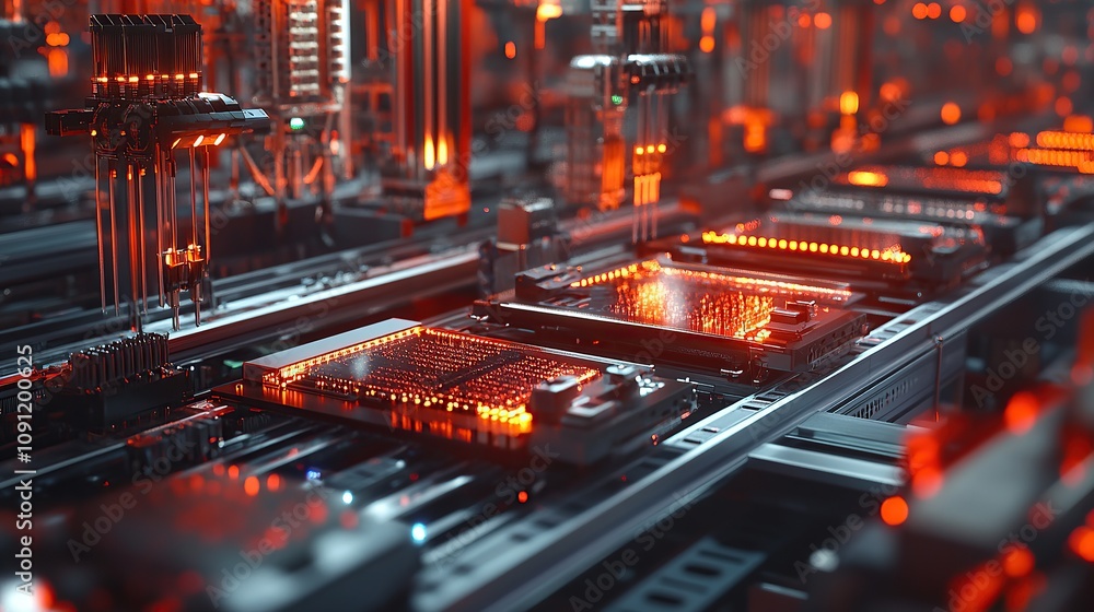 Poster a close-up view of intricate circuit boards illuminated with red lights in a tech environment.