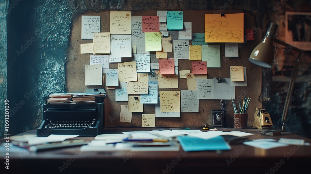 Poster a cluttered desk with a typewriter and a wall covered in colorful sticky notes.