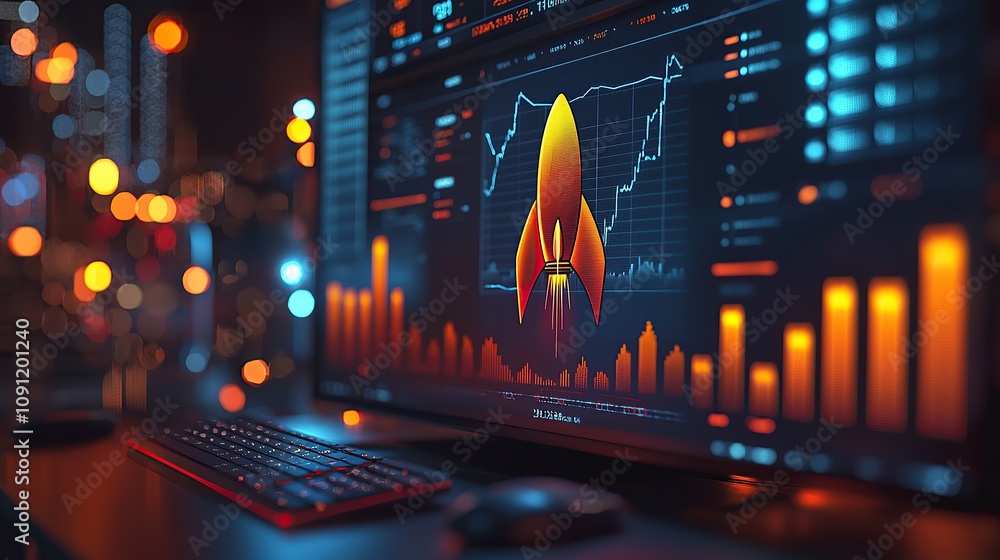 Poster a digital display showing stock market data with a flame graphic overlay.