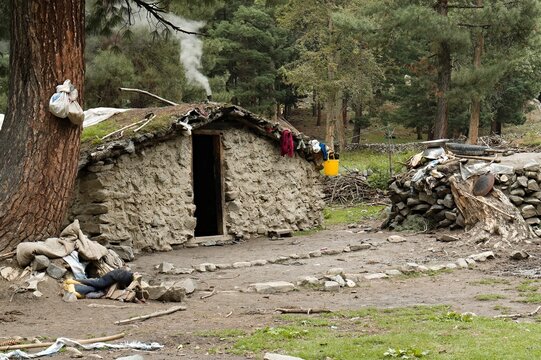 Dwellings in the Upper Naltar valley near Bashkiri lake. Karakoram Mountains. Gilgit-Baltistan region. Pakistan. Asia.